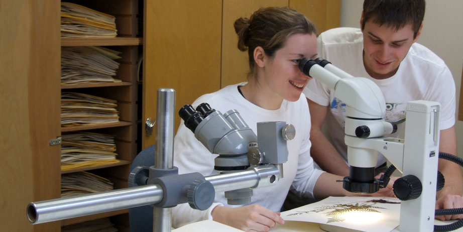 Two students looking at microscope