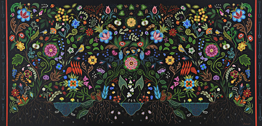 art depicting flowers and plants on a black background