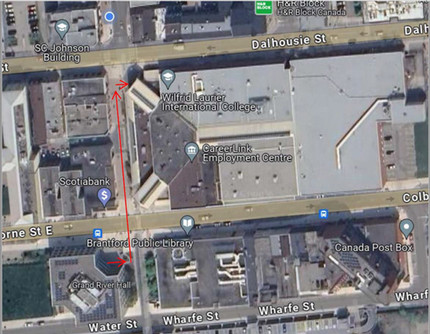 The map below shows the path from Grand River Hall to One Market.  