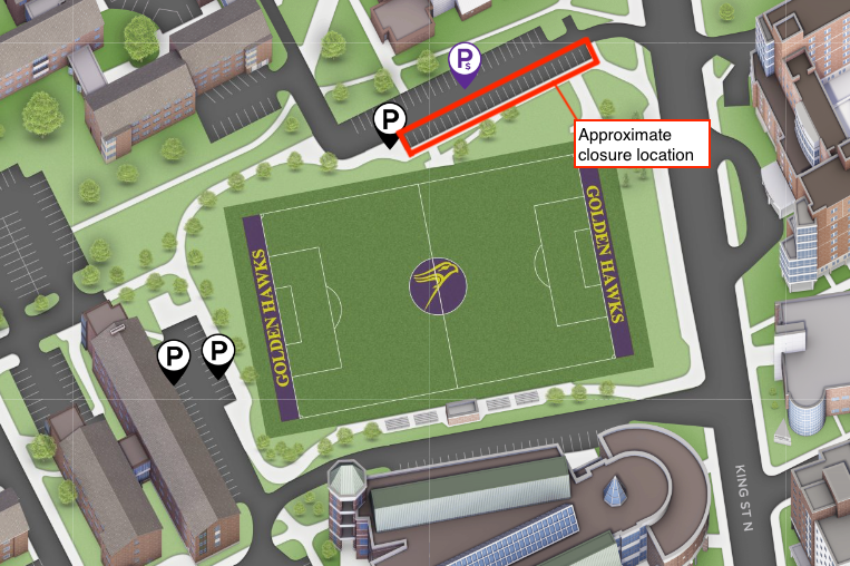 Map of alumni field area showing highlighted area of the south part of lot 3A denoting the approximate closure area. Alternate parking west of alumni field is denoted by black pins in lot 3B 