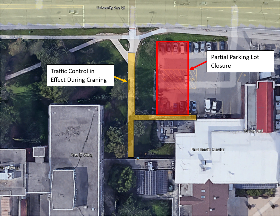 The image summarizes the above notice information regarding impacted parking Lot 11 partial closure and the building access that are required to accommodate the work associated with the Arts Building Roofing project.